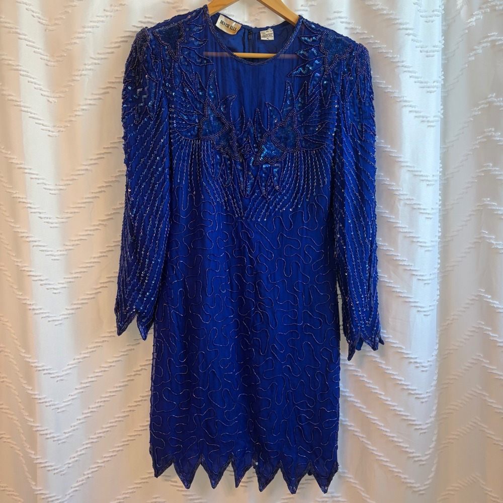 Denise Elle Vintage Royal Blue Silk Beaded Sequin Cocktail/Tunic Dress Petite L